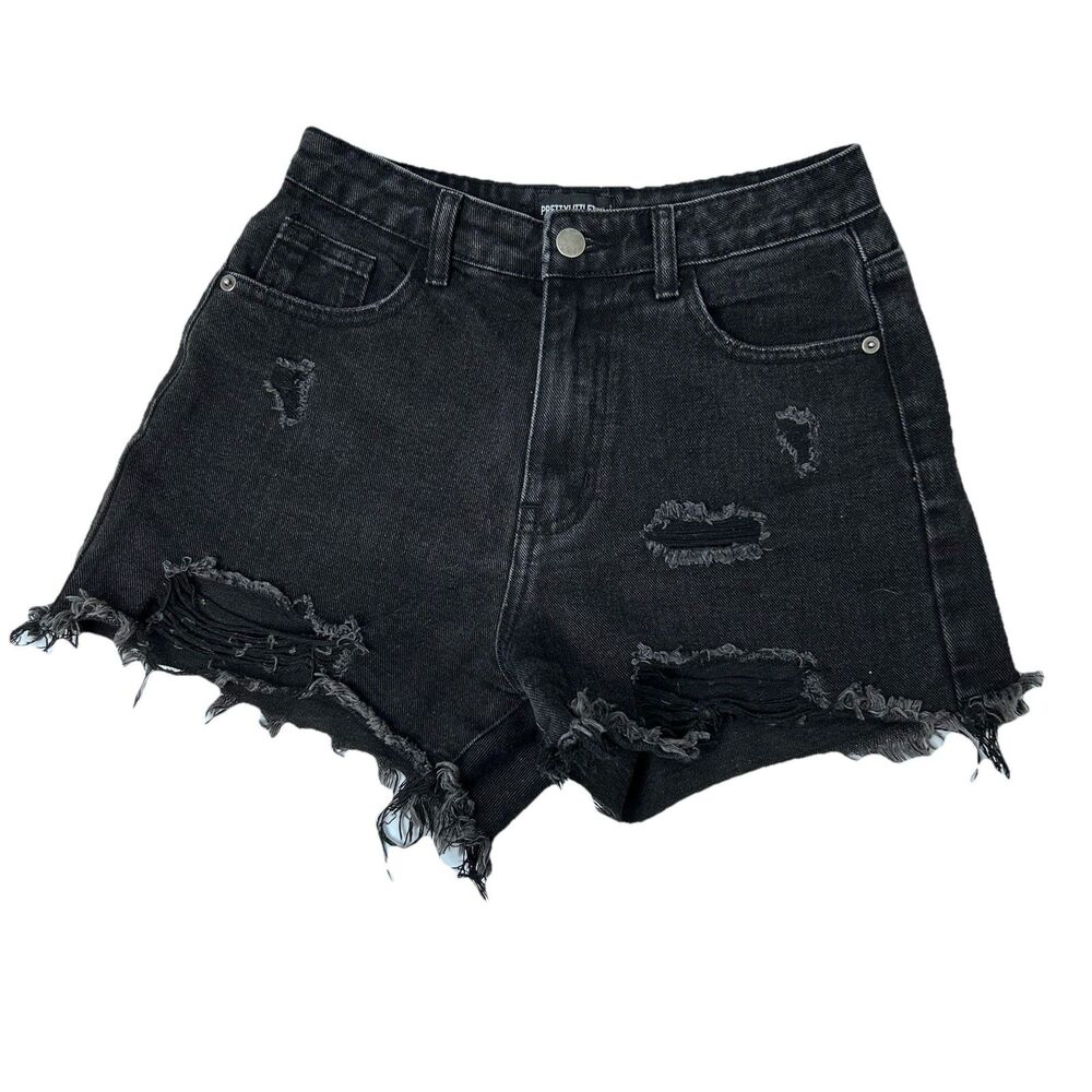 Pretty Little Thing Cut Off Jean Shorts Womens Size 8 High Rise Black Distressed